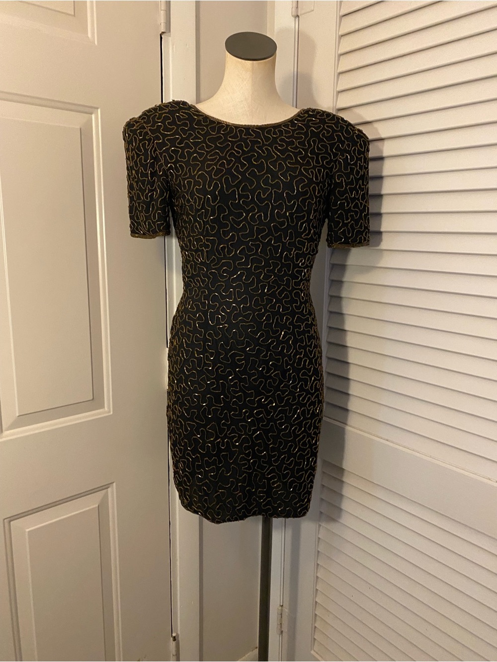 Vintage 80’s “Joan Leslie” Black Silk w/ Gold Beading Cocktail Dress- Size 4P - Picture 2 of 8